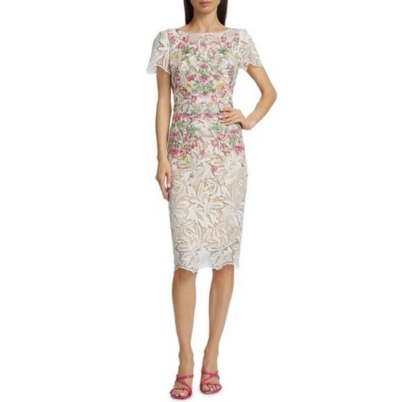 NWT Marchesa Notte Guipure Lace Floral Midi Dress - Picture 1 of 10